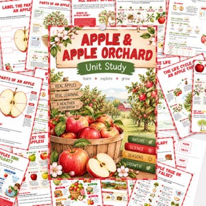 May include: An educational unit study titled Apple & Apple Orchard featuring a wooden basket filled with red apples, a sliced apple, and a stack of four books labeled Nature, Science, Seasons, and Growth, set against an orchard background.