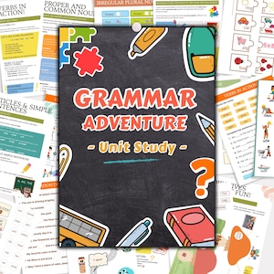 Puede incluir: Una colección de hojas de trabajo educativas y una portada titulada "Grammar Adventure - Unit Study". La portada es negra con ilustraciones coloridas de útiles escolares y el título en rojo y naranja. Otras páginas se centran en verbos, sustantivos y estructura de oraciones.