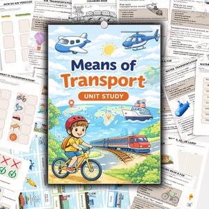 Op de afbeelding: Een kleurrijke educatieve unit study getiteld "Means of Transport". De omslag toont een kind op een fiets, een trein, een schip en een vliegtuig. Extra pagina's tonen verschillende vervoerswijzen en gerelateerde activiteiten.