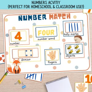 Actividades imprimibles para aprender números, hojas de trabajo para contar, emparejar números, matemáticas para preescolar y jardín de infantes, aprendizaje para niños pequeños, páginas divertidas para contar