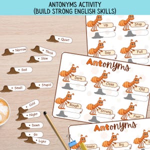 Antonyms Activity Printable Lesson for Kids, Learning English, Word Study Homeschool Toddler, Pre K Activities Vocabulary, Busy Pages Fun