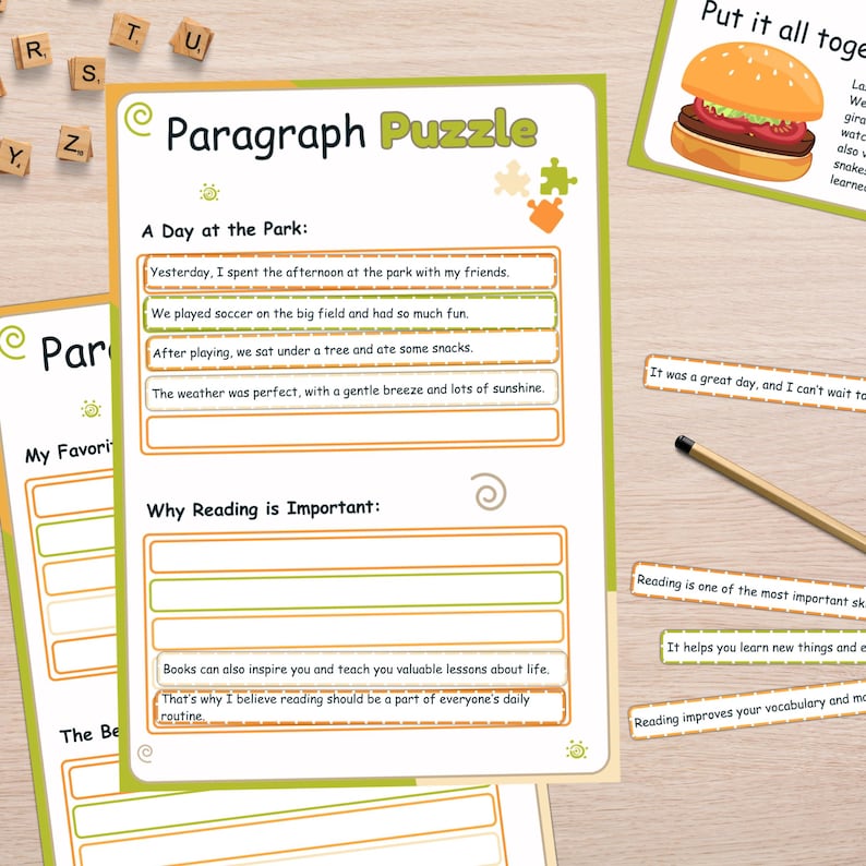 May include: A printable worksheet with a paragraph puzzle for kids. The worksheet has a green and orange theme and includes a section titled "A Day at the Park" and another section titled "Why Reading is Important".