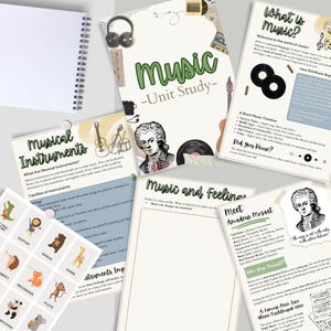 May include: A collection of educational music-themed printables, including a unit study guide, timeline, and pages on musical instruments and composers. The pages feature illustrations and text, with a spiral-bound notebook in the background.