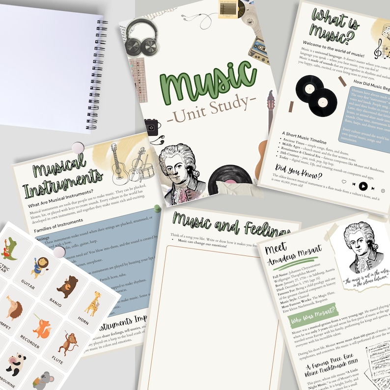 May include: A collection of educational music-themed printables, including a unit study guide, timeline, and pages on musical instruments and composers. The pages feature illustrations and text, with a spiral-bound notebook in the background.