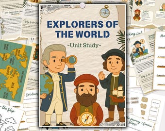 May include: A collection of educational materials for a unit study on explorers. The central image features the title "EXPLORERS OF THE WORLD" with illustrations of explorers and a compass. Additional pages include maps, timelines, and activity sheets.
