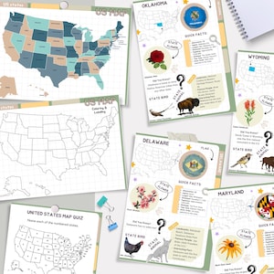 May include: A set of printable US state maps with coloring and labeling activities. Each map includes the state name, flag, flower, bird, and animal. The maps are designed for educational purposes and can be used for learning about the different states of the United States.