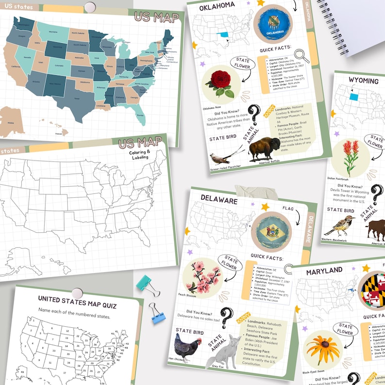 May include: A set of printable US state maps with coloring and labeling activities. Each map includes the state name, flag, flower, bird, and animal. The maps are designed for educational purposes and can be used for learning about the different states of the United States.
