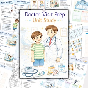 Könnte beinhalten: Ein farbenfrohes Lehrplakat mit dem Titel "Doctor Visit Prep Unit Study" mit Illustrationen eines Arztes und eines Kindes. Medizinische Geräte wie ein Thermometer und ein Blutdruckmessgerät sind ebenfalls abgebildet. Zusätzliche Seiten bieten Gesundheitsinformationen.
