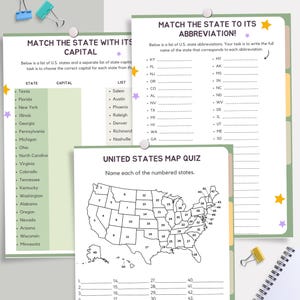 May include: A printable worksheet with two educational games for kids. The first game is a matching game where students match states with their capitals. The second game is a map quiz where students identify the states on a map of the United States.