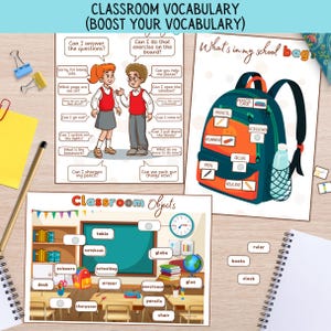 Classroom Vocabulary Activities for ESL Kids, Hands-On Learning, Worksheets, Matching Games, English Vocabulary, Classroom Posters