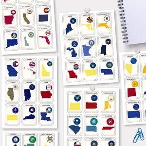May include: A set of 50 printable cards featuring the outlines of all 50 US states with their respective state flags. Each card is white with a black border and includes the state name.