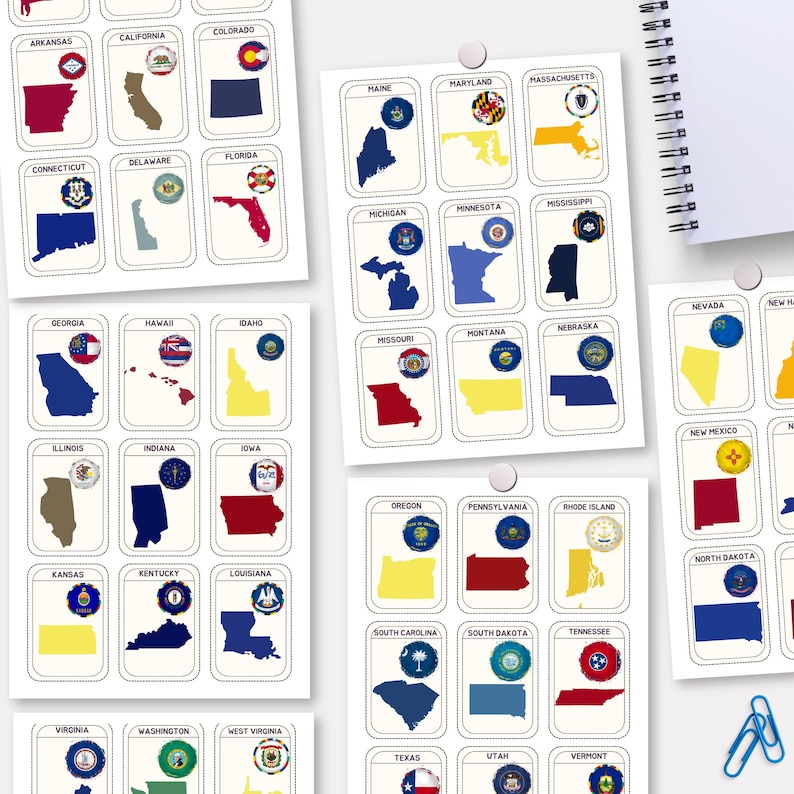 May include: A set of 50 printable cards featuring the outlines of all 50 US states with their respective state flags. Each card is white with a black border and includes the state name.