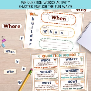 WH Question Words Activity: Grammar Exercises, Homeschool (PDF Download)