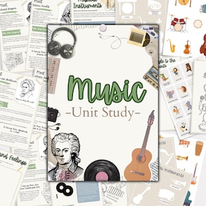 Puede incluir: Materiales educativos sobre música. La imagen principal muestra "Music - Unit Study" en verde. Incluye una guitarra, auriculares, un disco de vinilo e ilustraciones de instrumentos musicales y compositores.