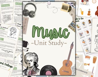 May include: A collection of educational materials with a music theme. The central image features the word "Music - Unit Study" in green script. Other elements include a guitar, headphones, a record, and illustrations of musical instruments and composers.