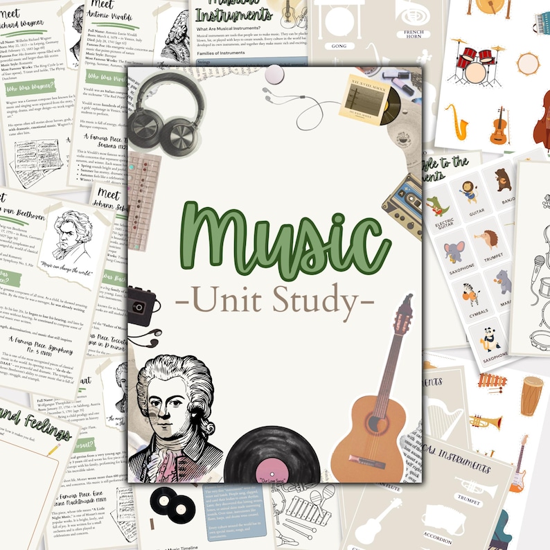 May include: A collection of educational materials with a music theme. The central image features the word "Music - Unit Study" in green script. Other elements include a guitar, headphones, a record, and illustrations of musical instruments and composers.