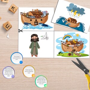 May include: A colorful illustration depicting the story of Noah's Ark. The ark is filled with animals, including a giraffe, zebra, lion, and elephant. The ark is floating on a blue sea with a rainbow in the sky. The illustration is divided into four panels, each depicting a different part of the story.