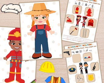 Community Helpers Printable Learning Kit: Dress Up Game, Professions Flashcards (PDF Pack)
