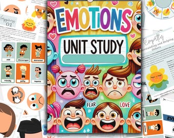 Puede incluir: Una guía de estudio de unidad colorida para enseñar a los niños sobre las emociones. La portada presenta una variedad de caras de dibujos animados que expresan diferentes emociones, incluyendo felicidad, tristeza, enojo, miedo y amor. El título "Emotions Unit Study" está impreso en letras negritas y coloridas.