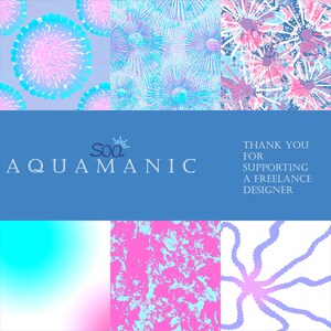 May include: A blue and pink digital illustration with the text "Sea Aquamanic" and "Thank you for supporting a freelance designer". The illustration features a variety of abstract patterns, including circles, stars, and swirls.