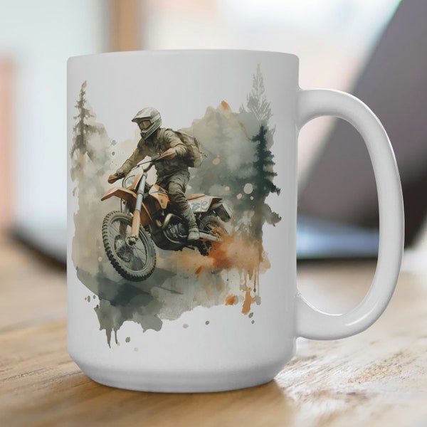 Enduro motorcycle mug, ripping in the forest. Birthday gift for him. White ceramic mugs. 2 sizes - 11 oz. and 15 oz.