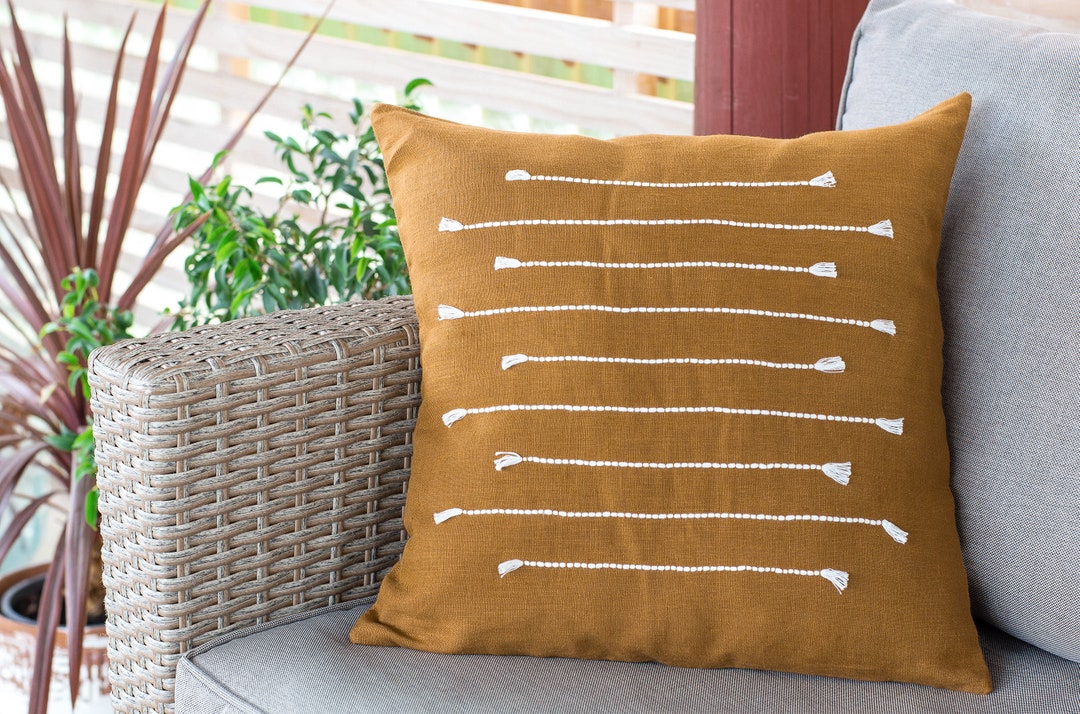 Decorative Natural Linen Cushion Cover, Hand Embroidered Linen Pillow
