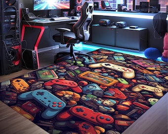Könnte beinhalten: Ein bunter Teppich mit einem Gamer-Thema. Der Teppich ist mit Bildern von Videospielcontrollern, Knöpfen und anderen spielbezogenen Bildern bedeckt. Der Teppich ist perfekt für ein Spielezimmer oder das Schlafzimmer eines Gamers.