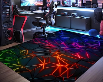 May include: A black and dark grey geometric rug with red, blue, green, and purple neon lines. The rug has a modern, abstract design.