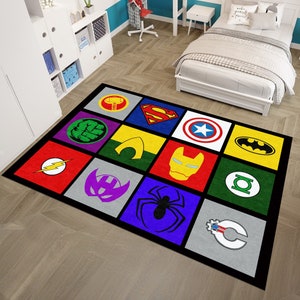 Super Hero Logos Rug,Movie Rug,Fantastic Rug,Movie Decor,Colorful Rug,Hypebeast Rug,Unique Rug,Area Rug,Kids Room Rug,Gifts For Him