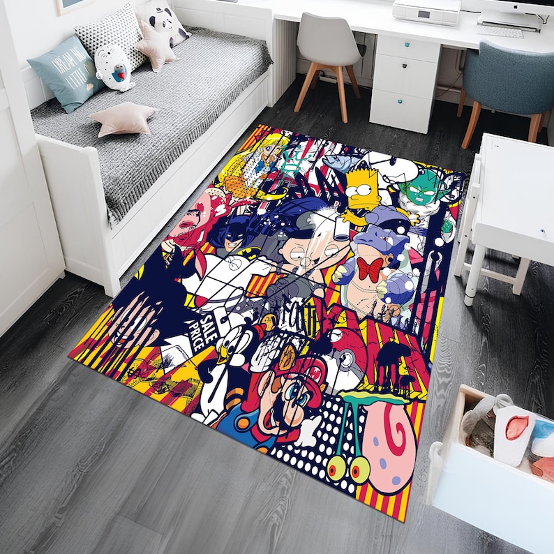 May include: A rectangular area rug featuring a vibrant collage of cartoon characters and comic book art. The rug's design incorporates bold colors, including red, yellow, blue, and white, creating a visually dynamic and playful aesthetic. The rug is placed on a gray wooden floor.