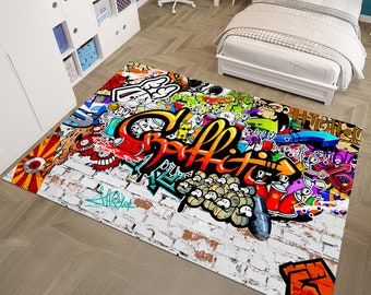 Alfombra de grafiti, alfombra pop art, alfombra colorida, alfombra única, alfombra de arte callejero, alfombra para sala de juegos, alfombra personalizada, alfombras geniales, alfombra de área, alfombra de sala de estar, regalos para él