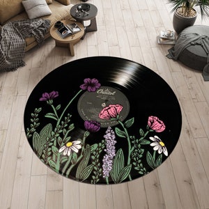 Record Rug,Vinyl Record Rug,Floral Rug,Music Rug,Music Decor,Round Rug,Modern Rug,Gift for Her,Custom Rug,Personalized Gifts,Area Rugs