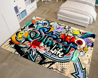 Alfombra de calle, alfombra pop art, alfombra colorida, alfombra única, alfombra de arte callejero, alfombra de grafiti, alfombra personalizada, alfombras geniales, alfombra de área, alfombra de sala de estar, regalos para él