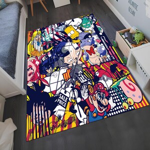 May include: A rectangular area rug featuring a vibrant collage of cartoon characters, including Mario, Bart Simpson, and Batman. The rug has a yellow and red striped border and the words "SALE PRICE" are visible.