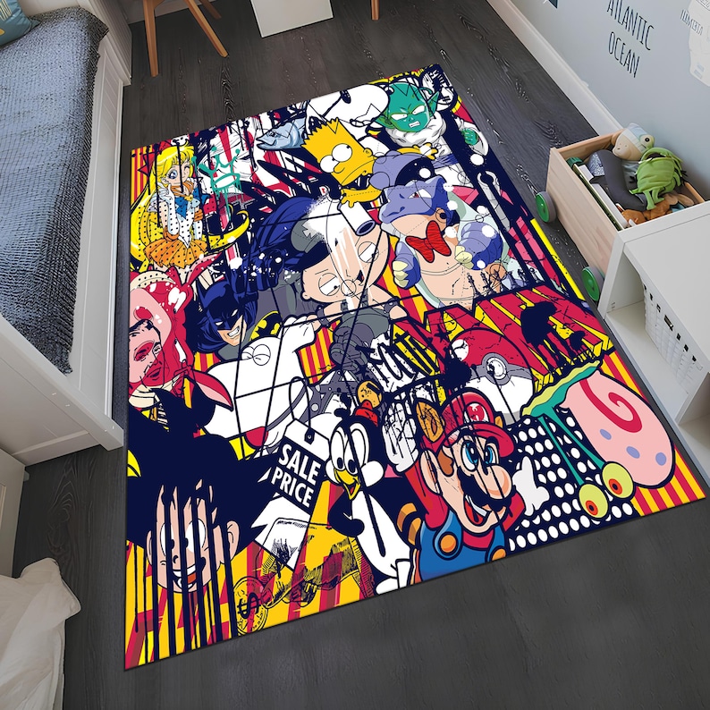 May include: A rectangular area rug featuring a vibrant collage of cartoon characters, including Mario, Bart Simpson, and Batman. The rug has a yellow and red striped border and the words "SALE PRICE" are visible.