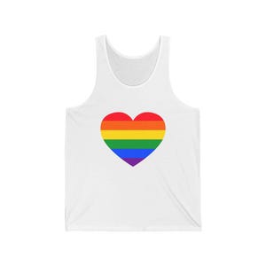 Pride Unisex Jersey Tank Top, LGBTQ+ Apparel, Summer Tank, Rainbow Heart Shirt, Festival Wear, Casual Love Top, Gifts for Pride