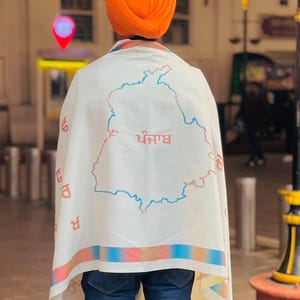 Creme Punjabi Schal Gurmukhi Buchstaben mit Punjab Karte, Sikh Kunst, Hochzeitszusätze Jaago Schal, Punjabi Alphabete Buchstaben, Kurta Pajama