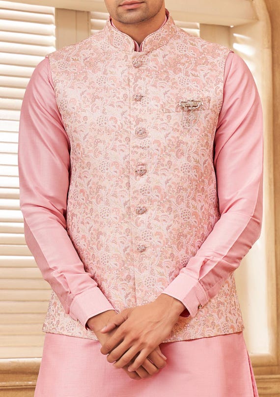Nehru Jacket Kurta Pajama Sadri Ke Sath Men's Light Pink Kurta