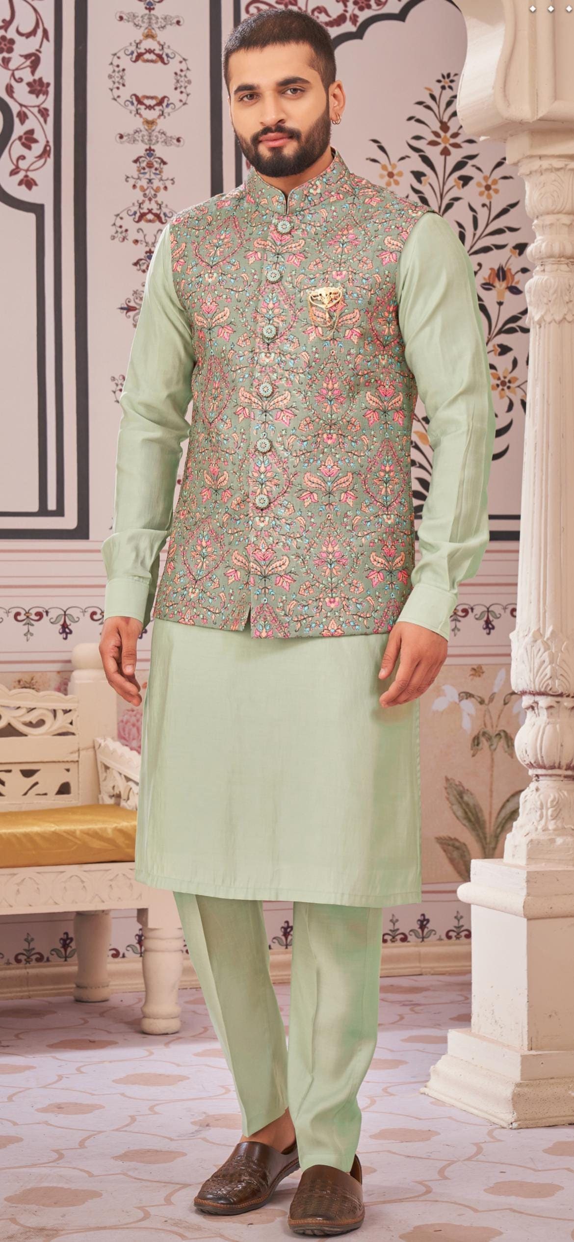 Men’s Light Green Kurta Pajama Set with Half Jodhpuri Jacket Threadwork Waistcoat Embroidery Nehru Jacket Ethnic Wedding Festival Wear
