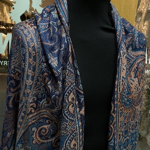 Großer blauer Kashmiri Jacquard Design Pashmina Wolle Schal, Rundschal, 40x80 inches