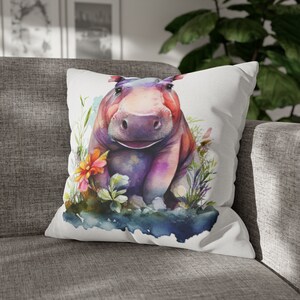 Nursery Animal Pillow Case Print, Baby Hippo Pillow Case, Child&#39;s Decor Pillow Case, Child&#39;s room Pillow, Hippo Gift for Hippo Lovers