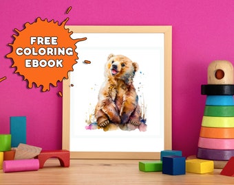 Nursery Animal Wall Art Baby Bear Wall Art Water Color Wall Art Children's Room Decor Wall Art Digital Download Wall Art, Nursery Prints