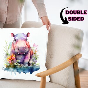 Nursery Animal Print Pillow Baby Hippo Pillow Water Color Art Pillow Children&#39;s Room Decor Pillow Hippo Gift for Hippo Lovers