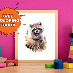 Nursery Animal Wall Art Baby Raccoon Wall Art Water Color Wall Art Children&#39;s Room Decor Wall Art Digital Download Wall Art, Nursery Prints