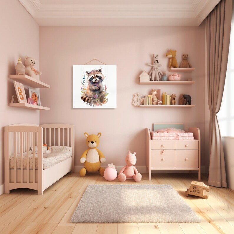 Nursery Water Color Art Wall Canvas Baby Raccoon Woodland Animal Wall