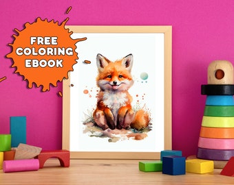 Fox afdrukbare muurkunst kinderkamer dierenmuurkunst Fox muurkunst waterkleur muurkunst kinderkamer decor kunst aan de muur, kinderkamerafdrukken