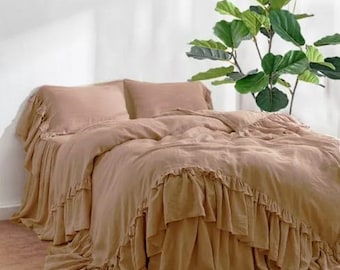 Rustic style linen bedding with double ruffles, French Linen bedding set, 3 PCS with 1 duvet cover 2 pillowcases FREE SHIPPING