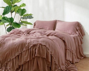 Rustic style Linen bedding with double ruffles, French Linen bedding set, 3 PCS with 1 duvet cover 2 pillowcases FREE SHIPPING