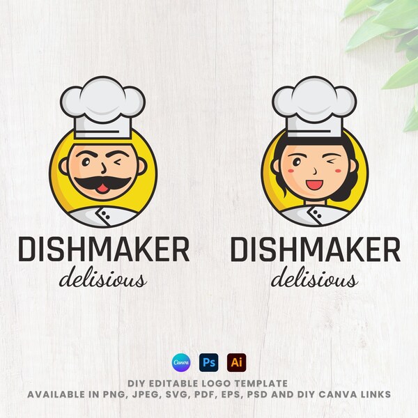 Premade Chef Logo Design, DIY Cooking Logo, Bakery Logo, Restaurant Logo for Cooks Male & Female Chef Cartoon Mascot Culinary Logo for Baker