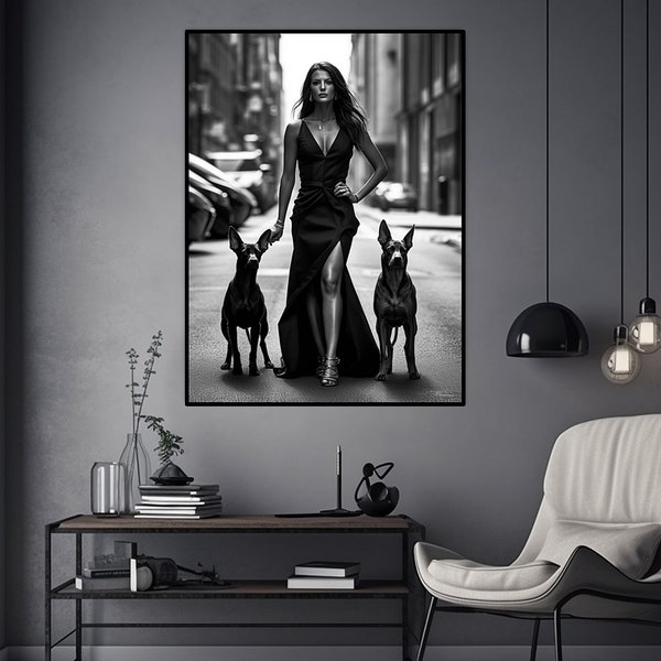 Dame avec des chiens doberman obéissants photographie noir et blanc art mural téléchargeable fait avec AI